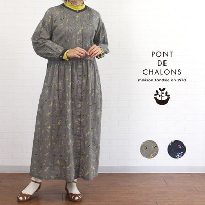 ポンデシャロン PONT DE CHALONS 22452228 ピンタック入りオリジナルプリントワンピース  長袖 レディース 女性 春 秋 コットン100％ 可愛い