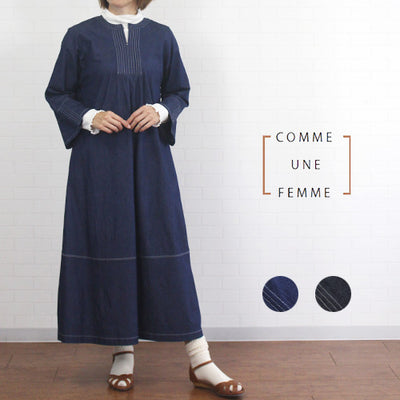 コムアンファム comme une femme 554705 ストレッチするデニムで着やすいキーネックワンピース 配色ステッチ バックベルト レディース 女性 大人 春 秋 冬 カジュアル 可愛い シンプル 洗濯可