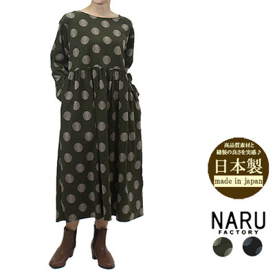 NARU ナル 650866 コーデュロイドット柄ノーカラーワンピース 日本製 長袖 レディース 女性