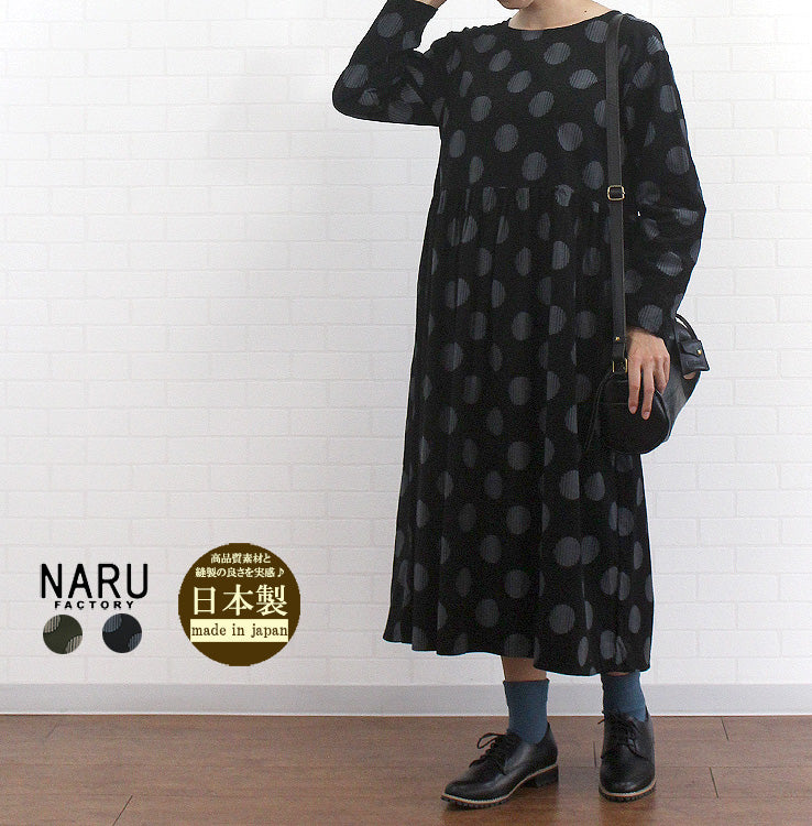 NARU ナル 650866 コーデュロイドット柄ノーカラーワンピース 日本製 長袖 レディース 女性