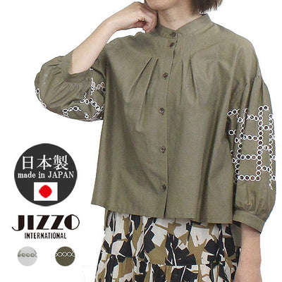 ジッツォ JIZZO JBEB43 バンドカラー7分袖ブラウス  刺繍 羽織り レース 日本製 レディース 女性 春 夏 秋